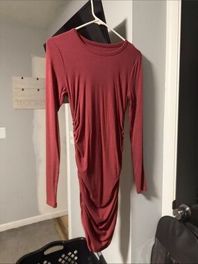 Ruched Long Sleeve Midi Dress in Wine - Women